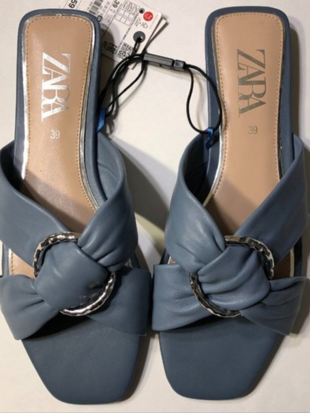 NWOT Zara Blue Knot Slide Sandals with Silver Ring